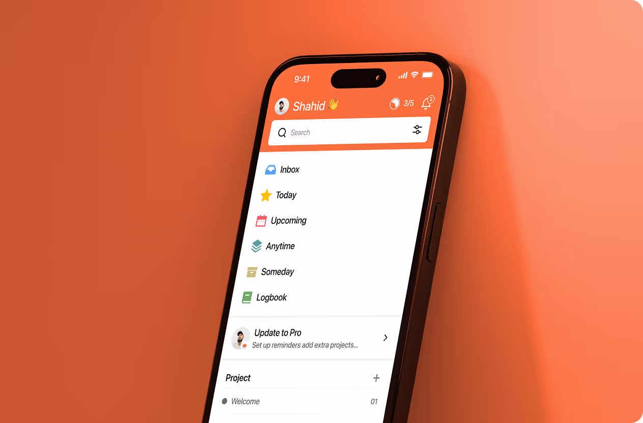 Smartphone screen showing a task app with sections like Inbox, Today, Upcoming, Anytime, Someday, and Logbook by Wavespace.
