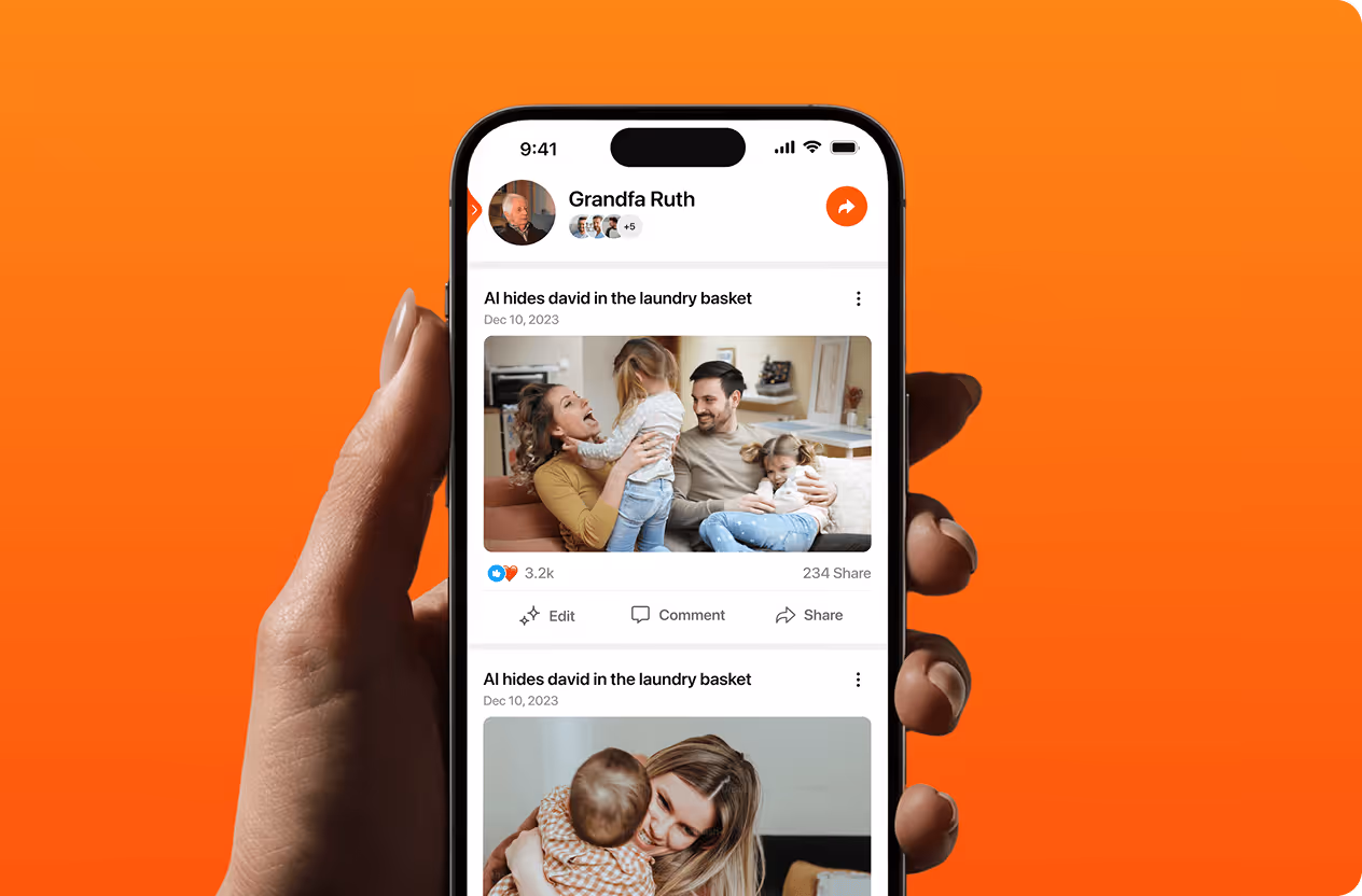 Hand holding phone showing social posts titled 'AI hides david in the laundry basket' with family photos design by Wavespace.