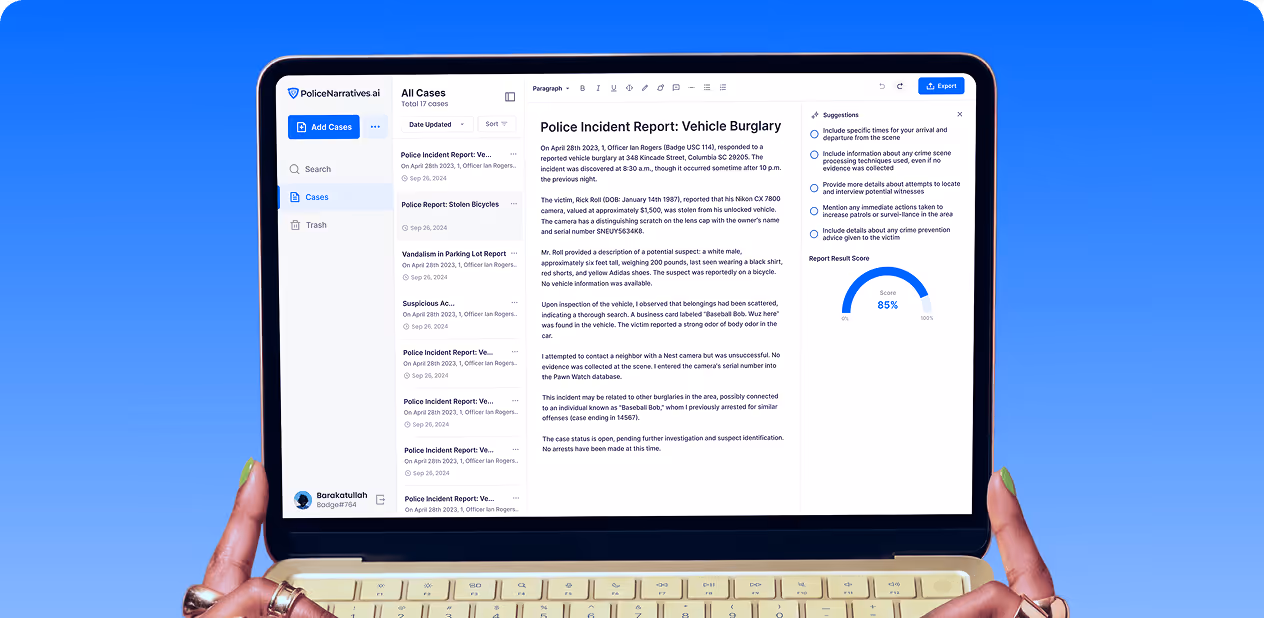Laptop screen showing PoliceNarratives.ai by wavespace with a vehicle burglary report and 85% report score.