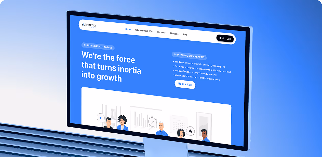 Computer screen showing Inertia Digital website by wavespace with headline about turning inertia into growth and a call to action button.