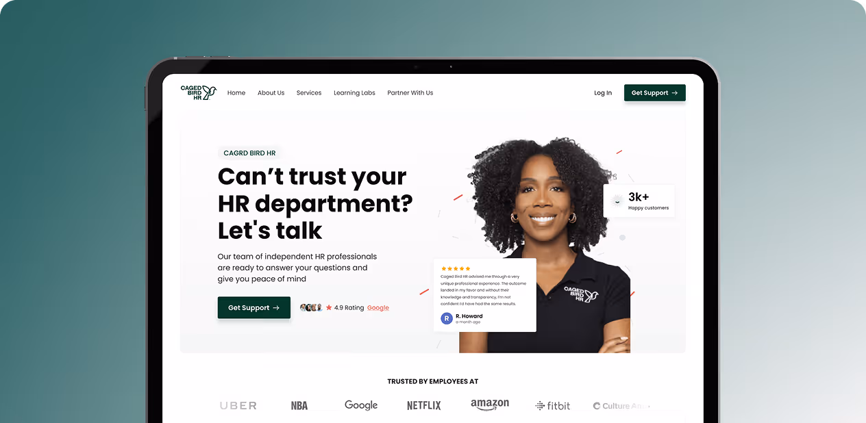 Website homepage of Caged Bird HR by Wavespace showing a smiling woman and text inviting users to get HR support.