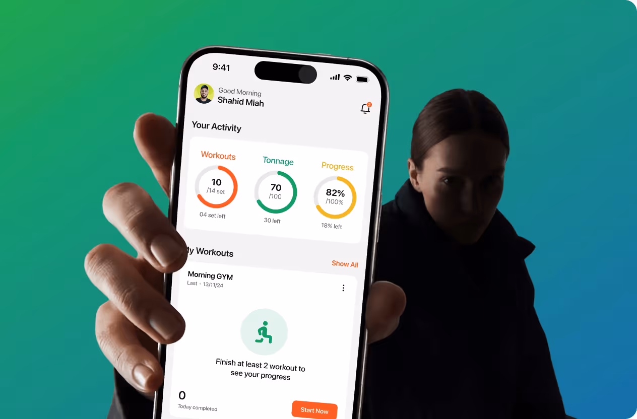 Hand holding phone showing fitness app with workout stats and progress, and a person in dark background design by wavespace.