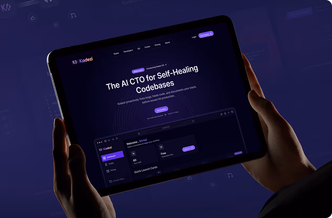 Hands holding a tablet displaying Kodezi AI CTO platform for self-healing codebases dashboard interface by wavespace.