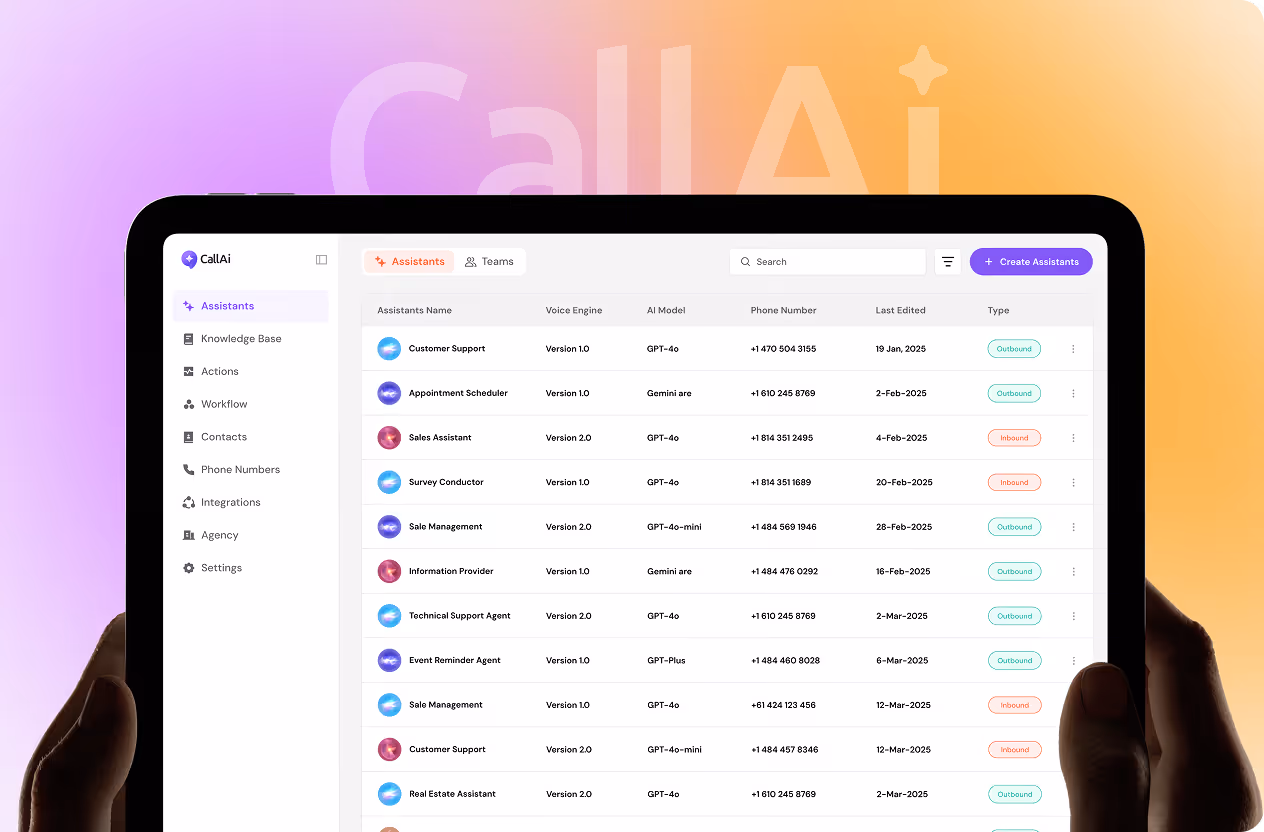 Tablet screen showing CallAi app with a list of AI assistants, versions, phone numbers, and status tags by wavespace.