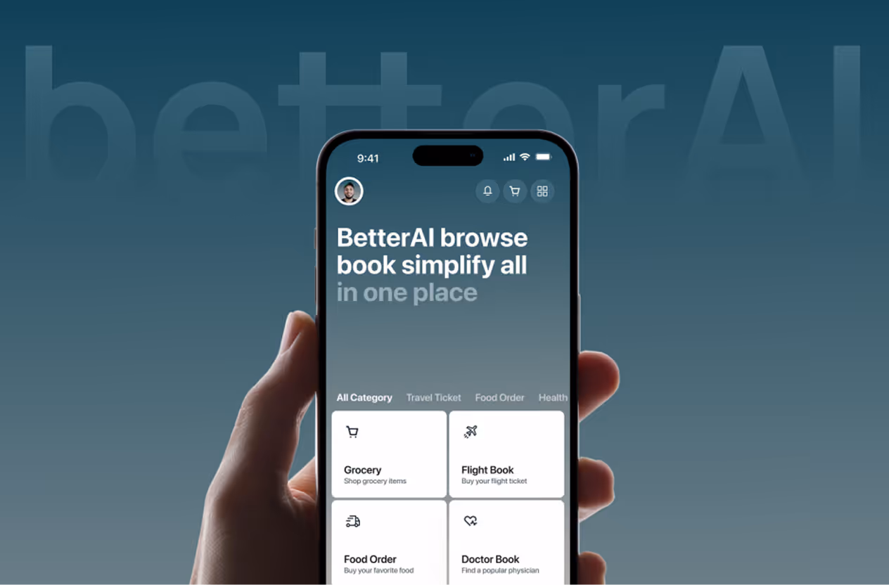 Hand holding smartphone showing BetterAI app with grocery, flight, food order, and doctor booking options by wavespace.