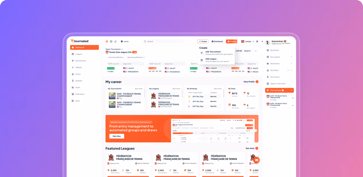 Dashboard of Tournated app showing tennis tournament details, career stats, leagues, and rankings by wavespace.