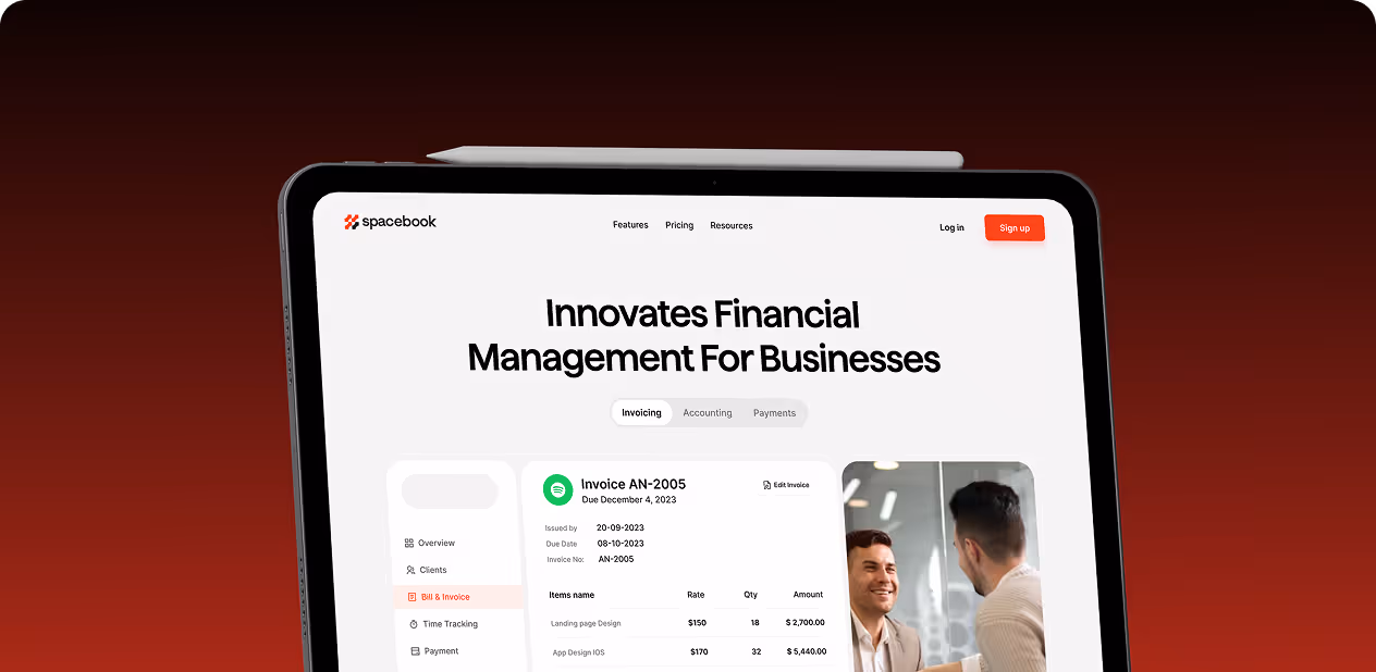 Tablet screen showing financial management app interface with invoice details and business people by wavespace.