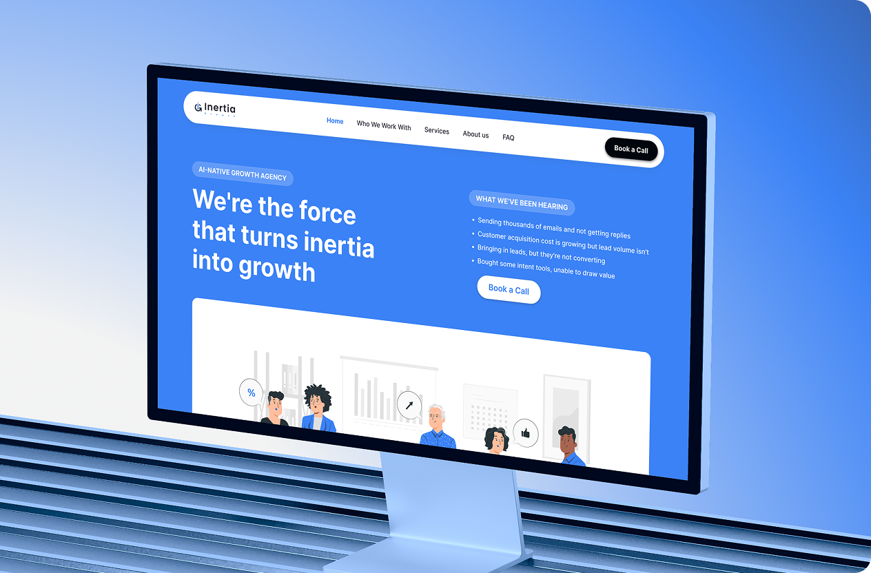 Website homepage on a monitor with blue background stating growth agency and booking call options by wavespace.