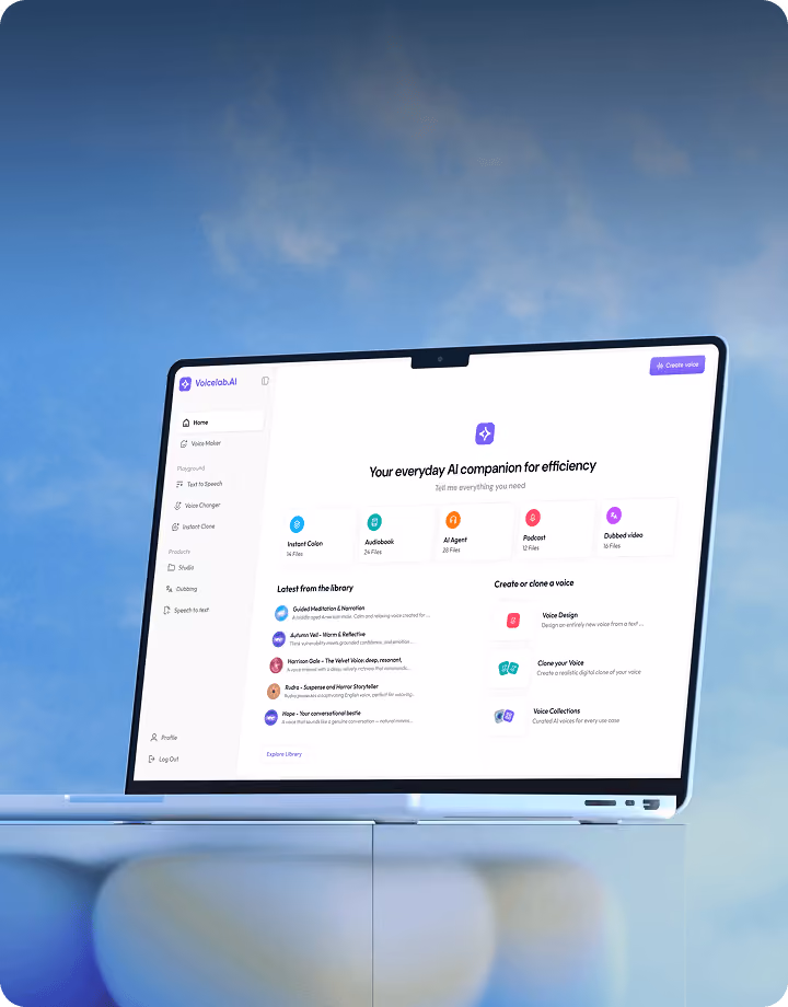 Laptop screen showing Voicelab.AI interface for AI voice creation and management tools.