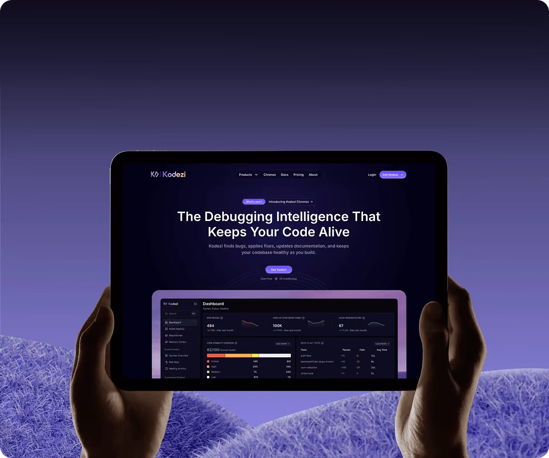Hands holding tablet showing Kodezi dashboard with code debugging intelligence interface.