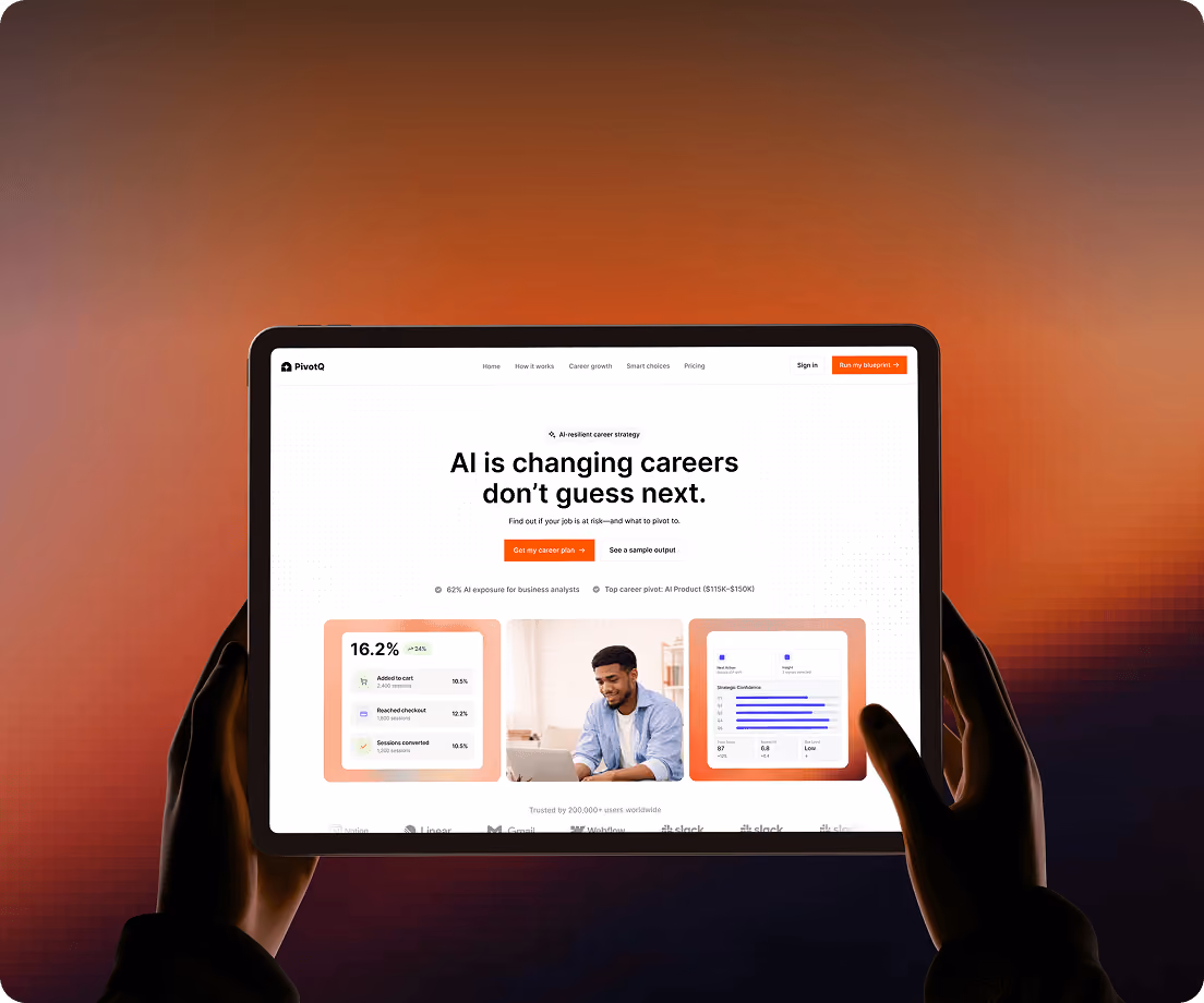 Hands holding a tablet showing PivotQ website about AI changing careers and career planning tools.