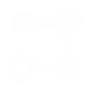 White icon with connected arrow and circle shapes on a black background.