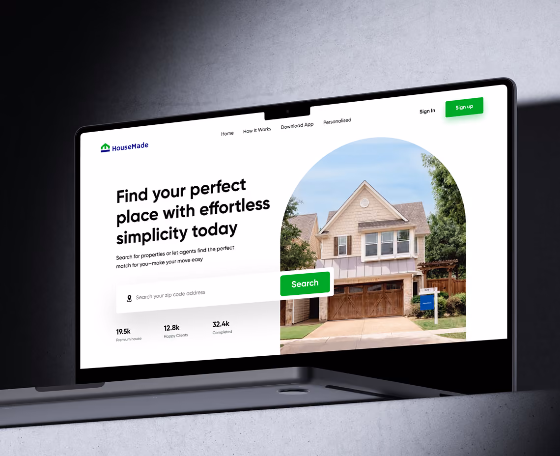 Laptop displaying HouseMade homepage with search bar and a house image for property searches.