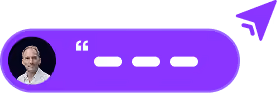 Purple chat bubble with a small circular photo of a smiling man with short hair on the left side, followed by white quotation marks and three white dashes, and a paper plane icon on the top right corner.