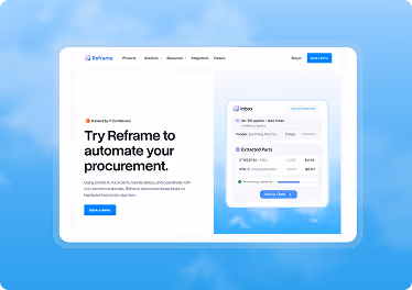 Reframe procurement website designed by Wavespace, shown on a screen against a blue sky