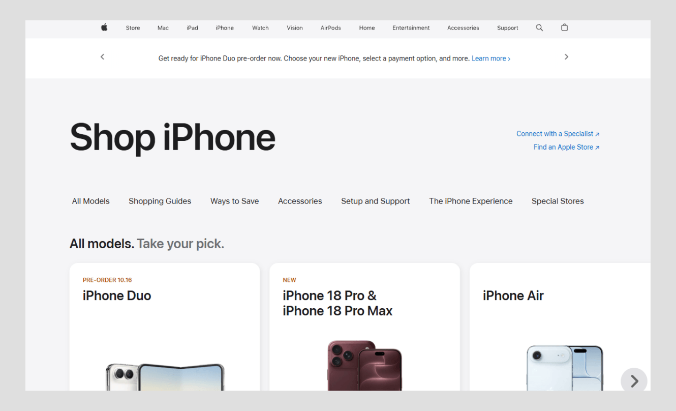 Apple Shop iPhone page using minimalist web design
