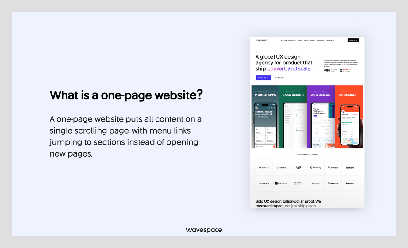 What is a one-page website: all content on a single scrolling page, with menu links jumping to sections