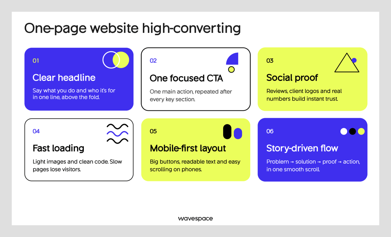 Single-page website design elements: clear headline, focused CTA, social proof, fast loading, mobile-first, story flow
