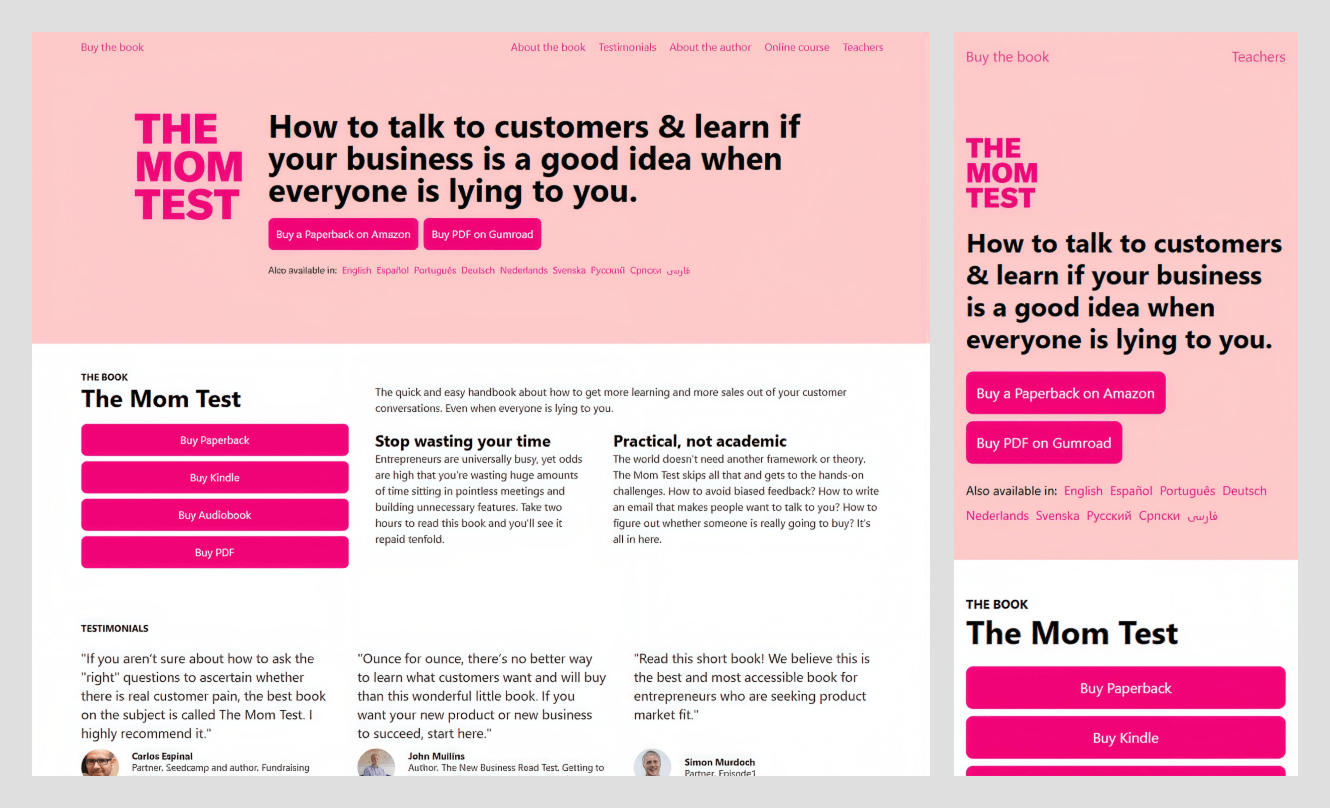 The Mom Test book site, an example of a single-page website with a buy button for every format