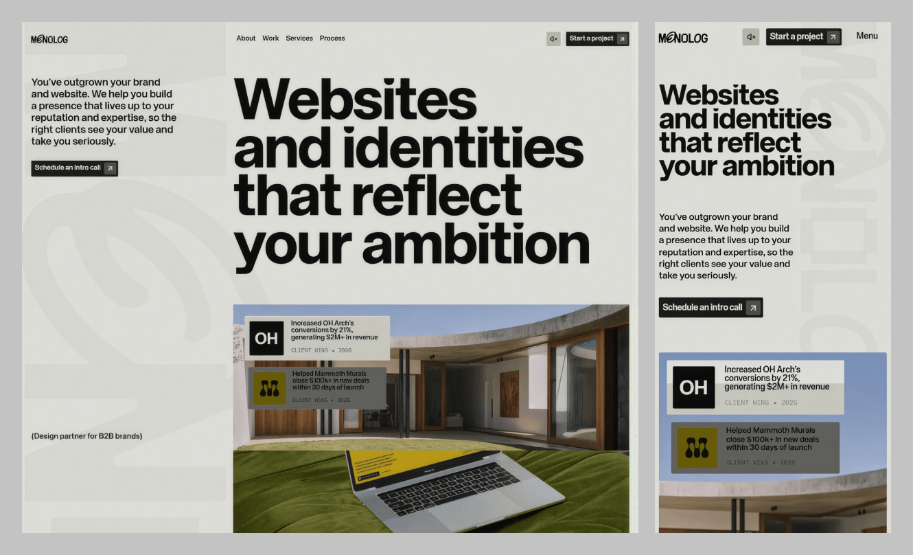 Monolog one-page website design with client result cards in the hero on desktop and mobile