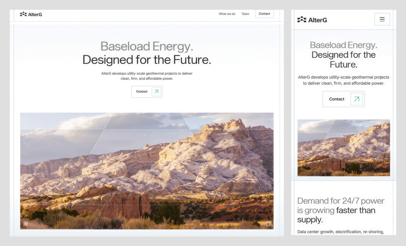 AlterG Resources geothermal energy homepage with a Contact button above a desert landscape photo
