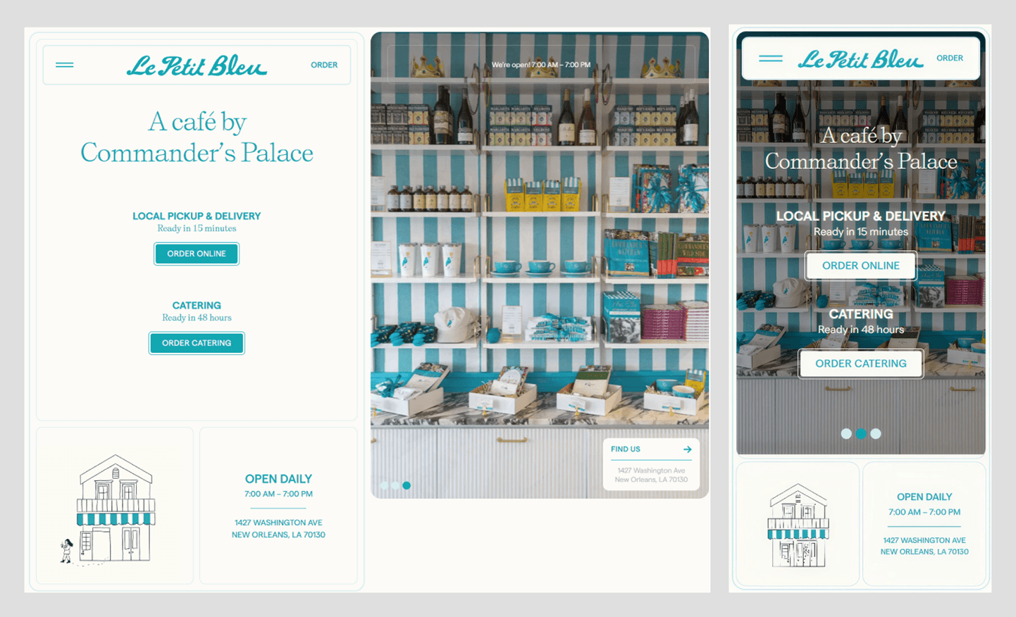 Le Petit Bleu café site by Commander’s Palace with Order Online and Order Catering buttons and ready times