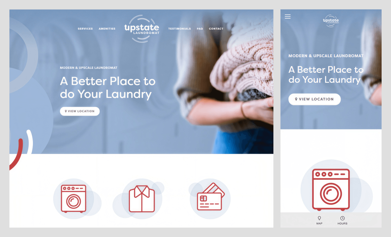 Upstate Laundromat homepage in Greenville with a View Location button over a laundry photo