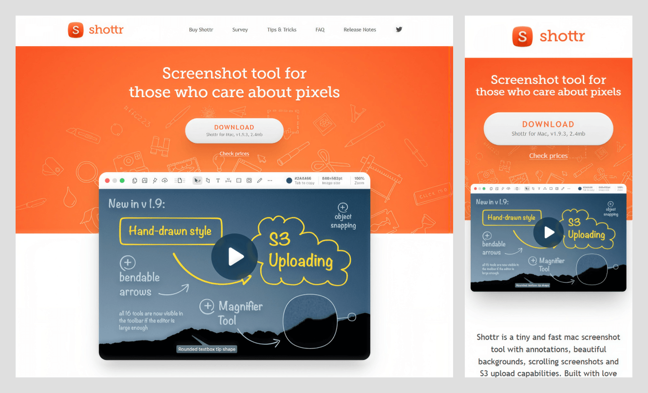 Shottr Mac screenshot app page with a Download button showing the version and file size