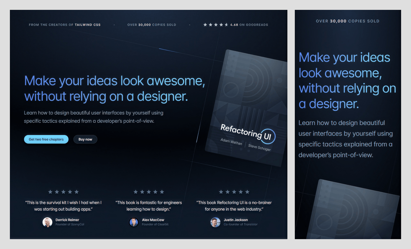 Refactoring UI book page with Get two free chapters and Buy now buttons beside the book cover