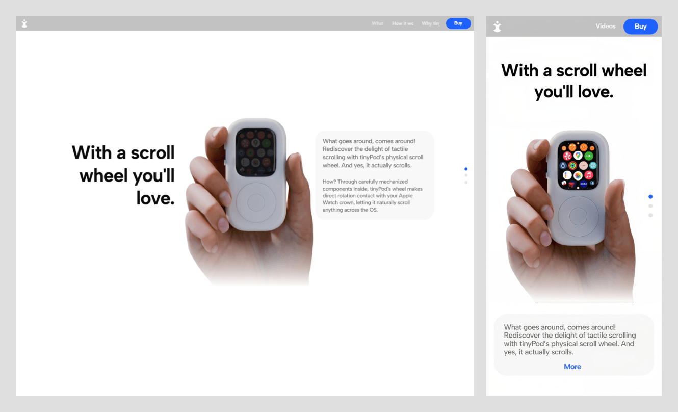 tinyPod Apple Watch case site showing the scroll wheel case and a sticky Buy button in the menu