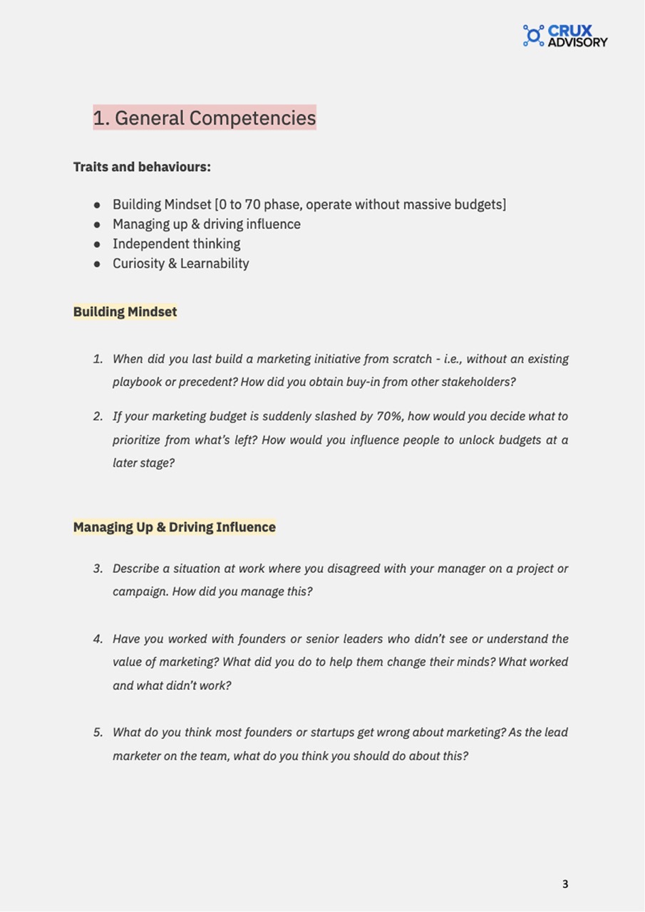 Marketing interview questions for assessing general competencies including building mindset, influence, independent thinking, and curiosity