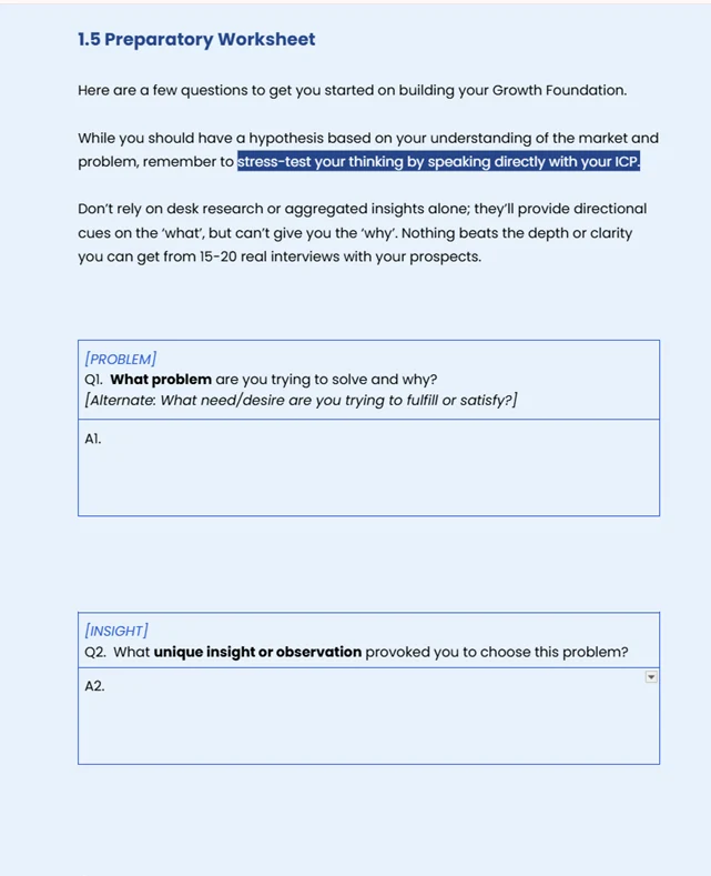 Preparatory worksheet section with problem definition and market insight questions for validating startup assumptions