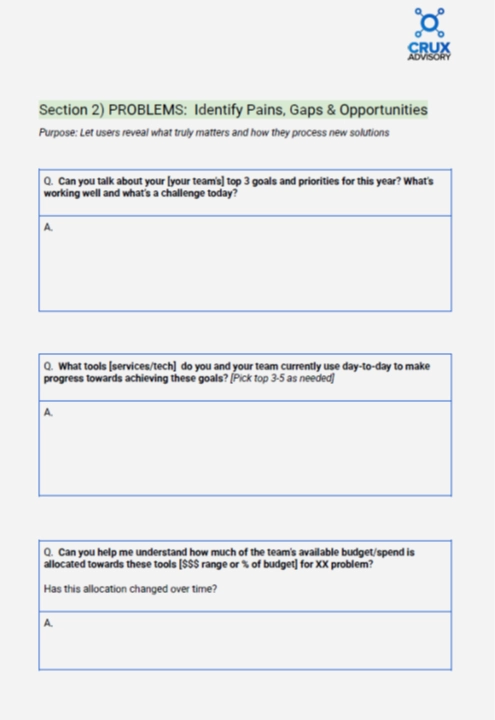 User interview framework section for identifying customer pain points, goals, and budget allocation for B2B products