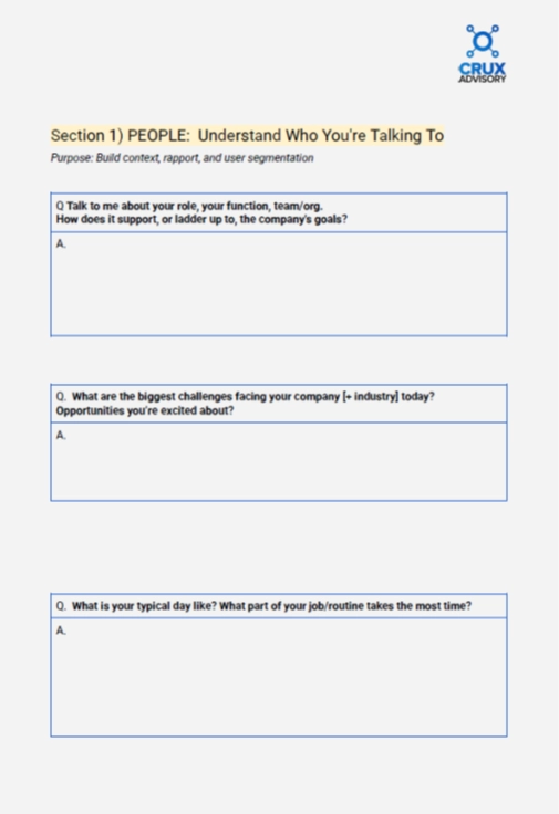 User interview template questions for understanding user roles, daily workflows, and company challenges