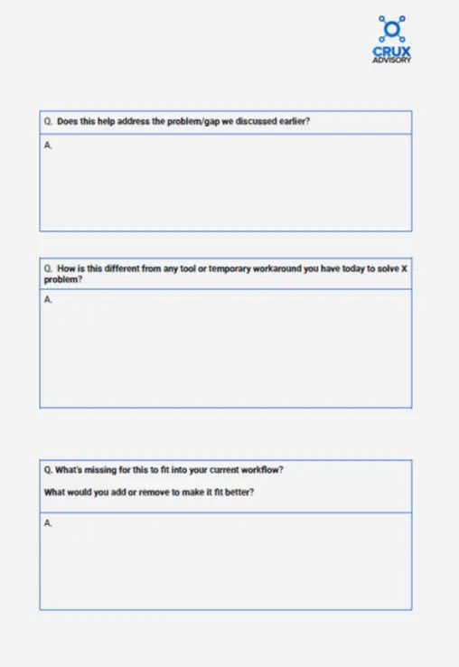 User interview template showing solution validation questions including gap analysis and workflow integration assessment