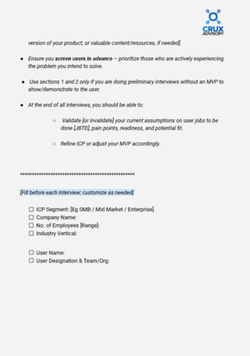 User interview best practices including screening criteria, ICP segmentation, and interview preparation checklist