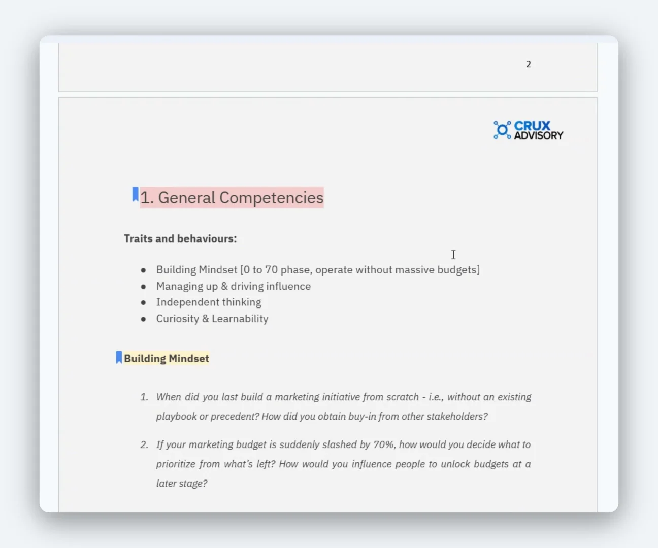 First page of the hiring toolkit: general competencies and building-mindset interview questions