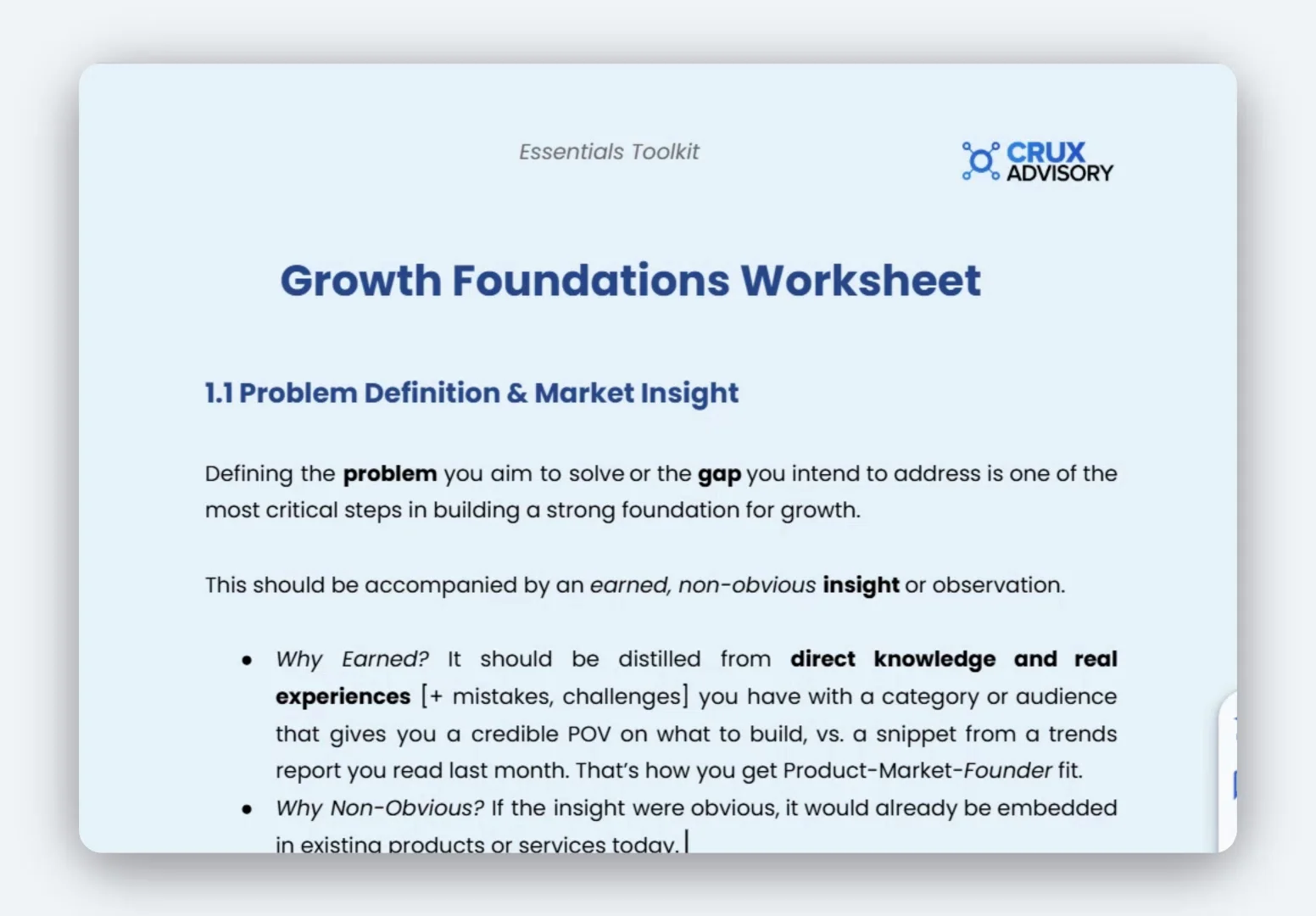 Growth Foundations Worksheet title page: problem definition and market insight