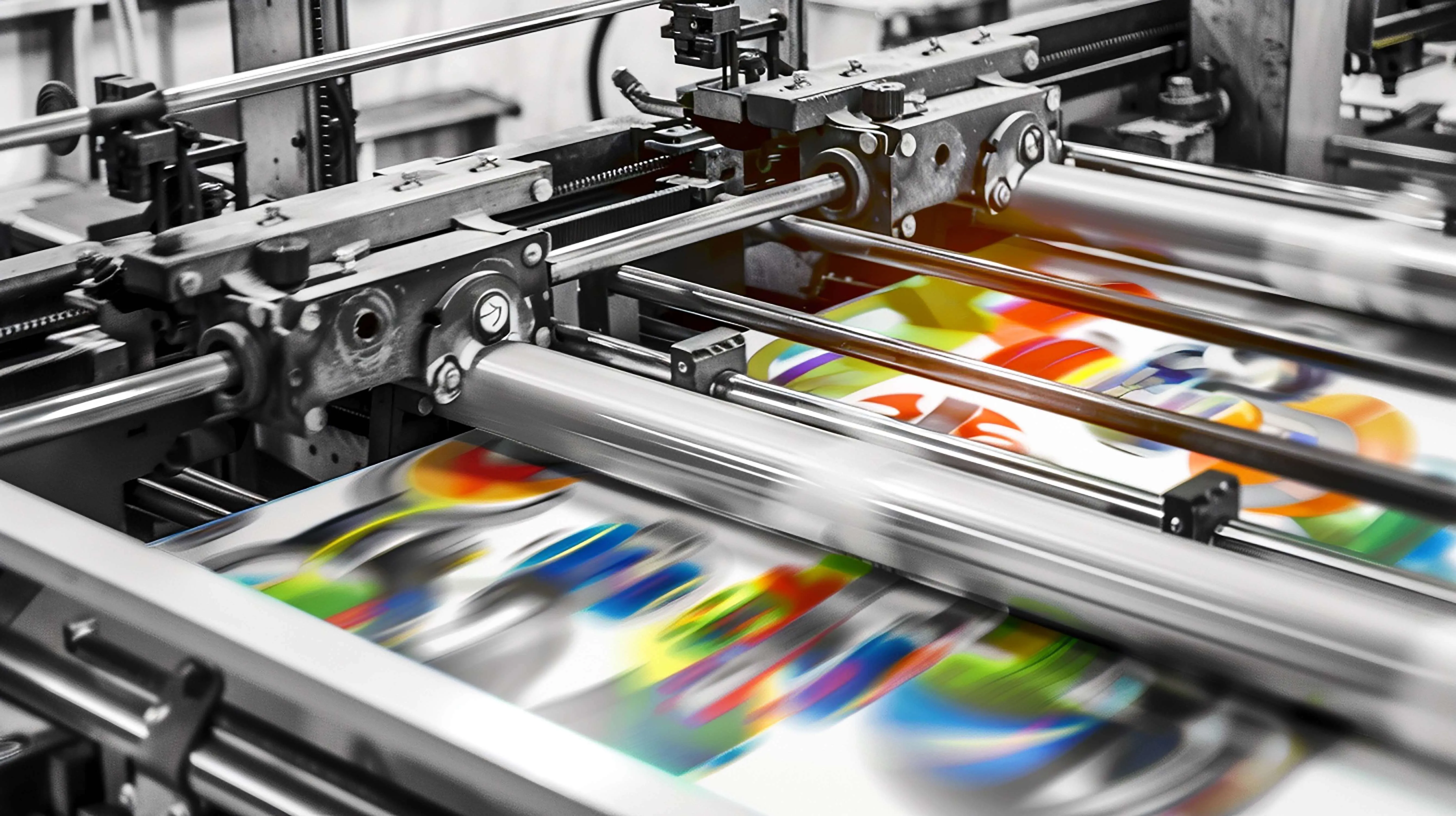 Prim-plan al unei mașini de tipărire industrială de mare viteză în acțiune, producând materiale tipărite vibrante și colorate la Flaviu Studio Print Shop.