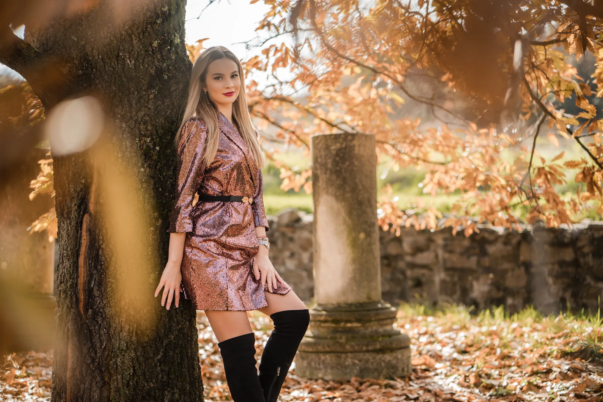 Fotografie de absolventă realizată de Flaviu Studio, surprinzând o tânără sprijinită de un copac, într-un peisaj tomnatic. Absolventa poartă o rochie strălucitoare, accentuând eleganța momentului, în timp ce culorile calde ale frunzelor creează un decor plin de căldură și nostalgie.