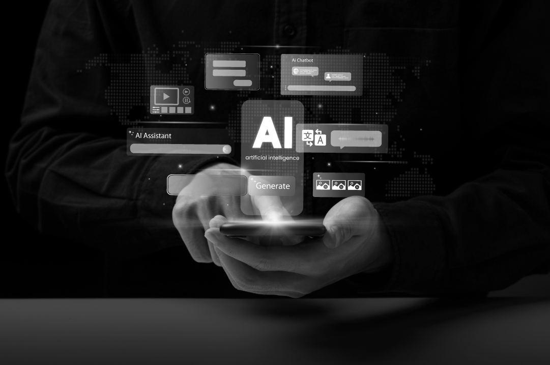 A hand holds a cell phone. Images of screens from an AI tool interface display above.