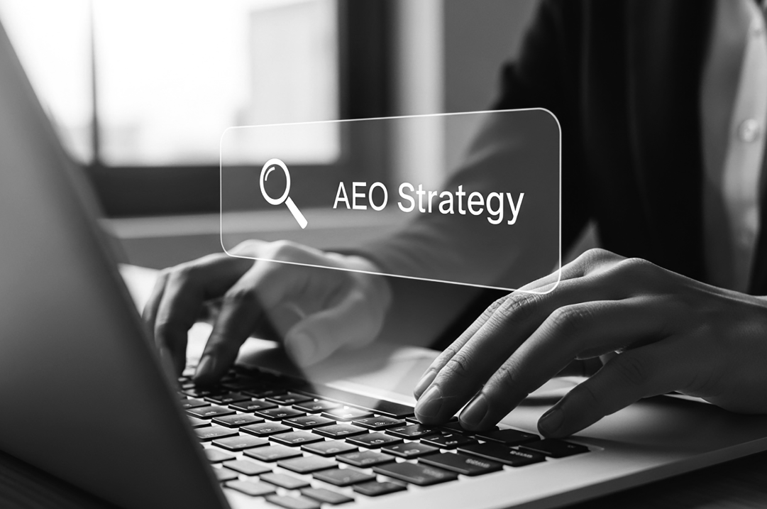 A search bar with the phrase "AEO Strategy" hovers over hands typing on a laptop.