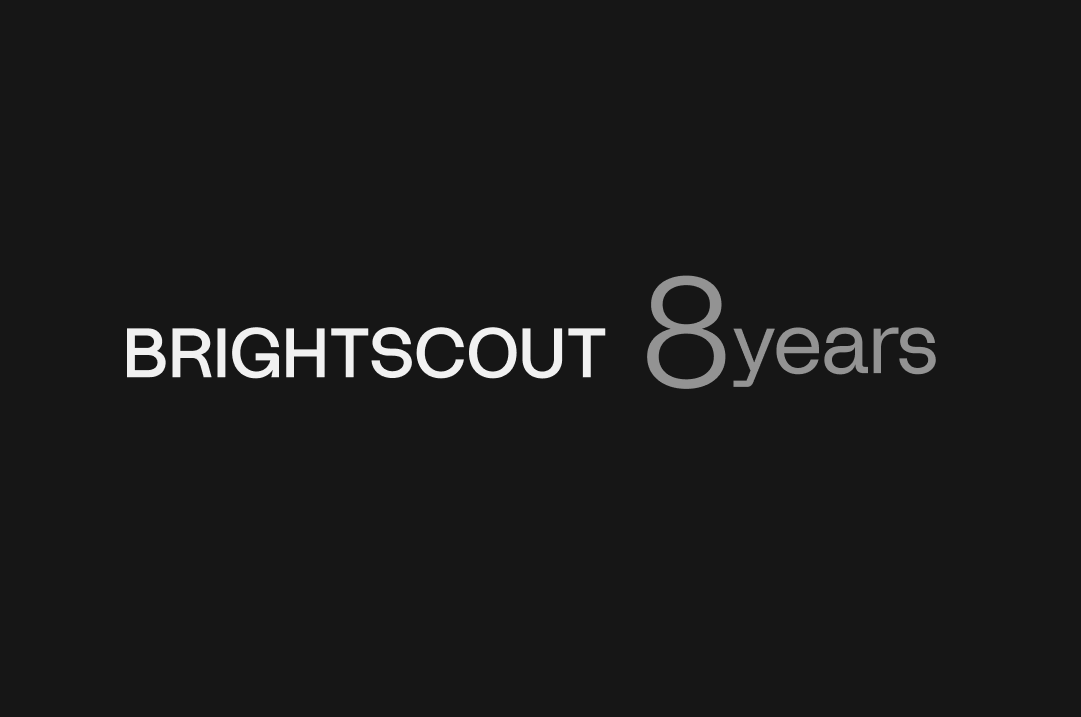 White text on a black screen reads "BRIGHTSCOUT 8 Years"