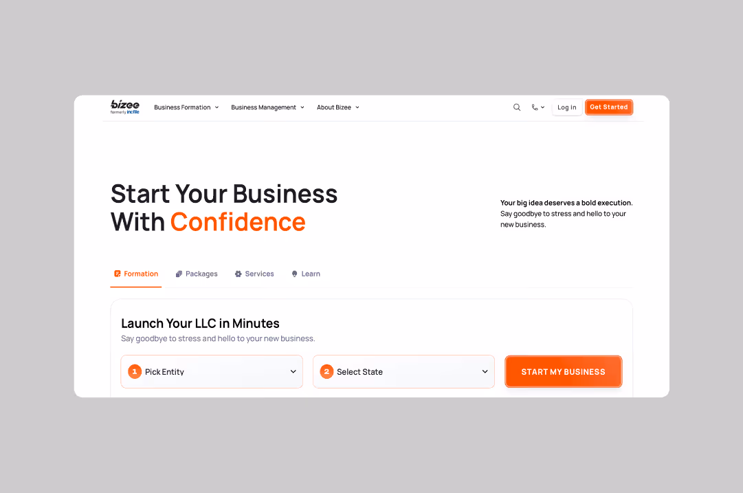 Bizee homepage.