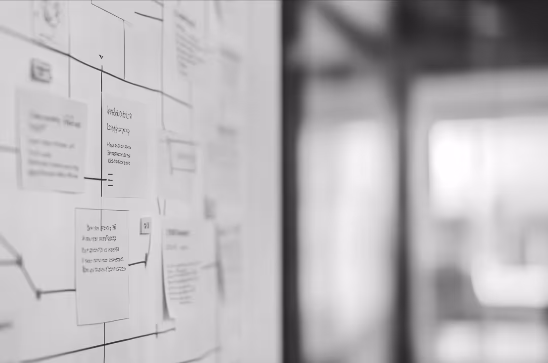 UX research workflow with sticky notes and user journey mapping on a whiteboard.