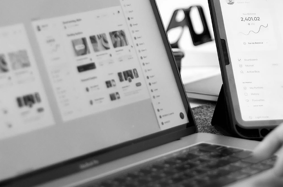 B2B SaaS UI design dashboards on a laptop and tablet.