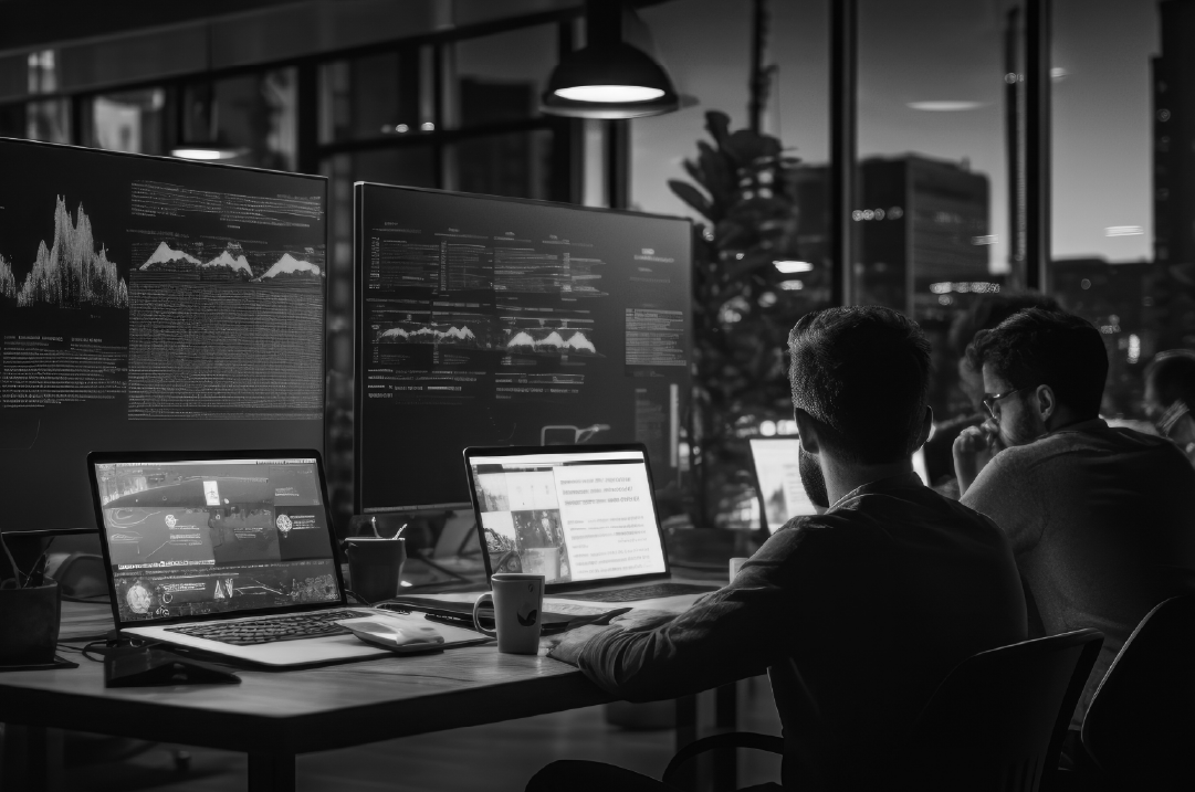 Tech team analyzing data dashboards while building scalable web platforms.