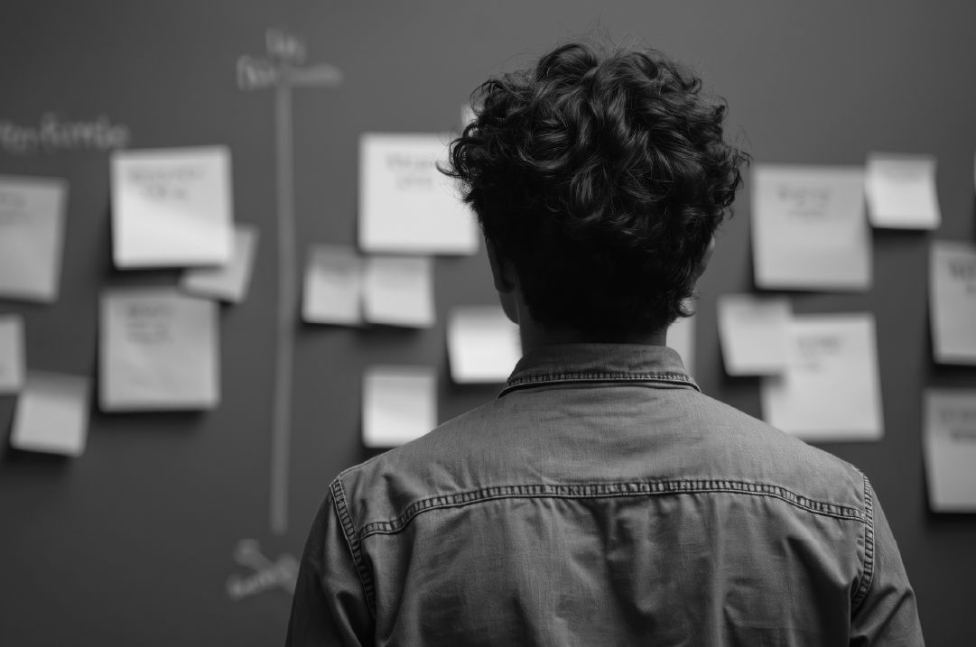 Person standing in front of a wall covered with sticky notes, reviewing ideas and planning strategy.