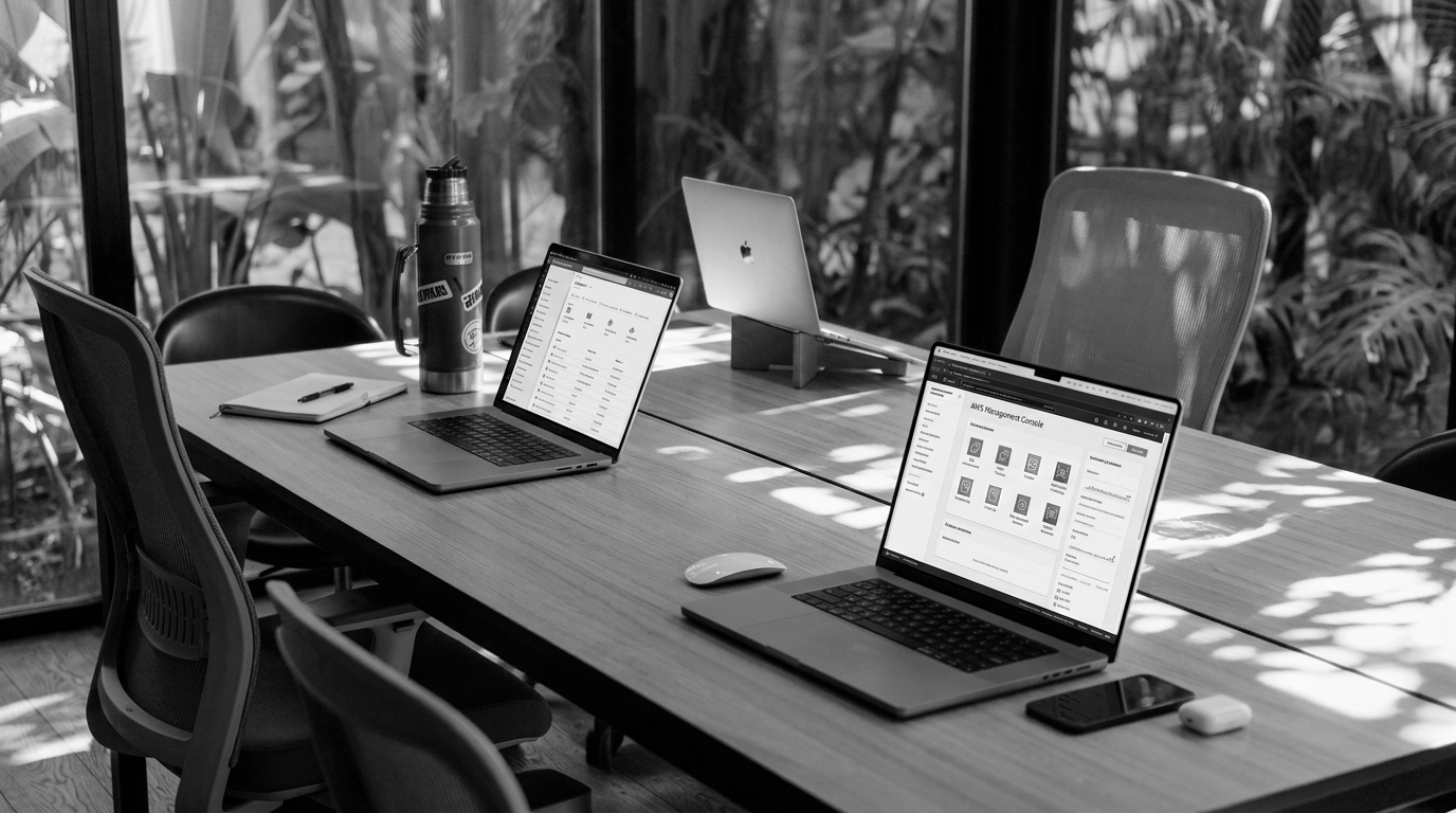 B2B enterprise cloud infrastructure and web platform tools on laptops.