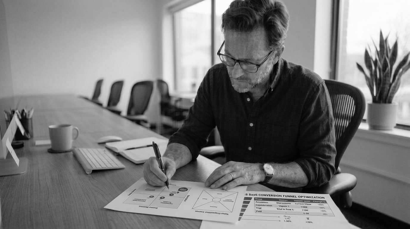 Founder reviewing SaaS brand performance data on a strategy board.